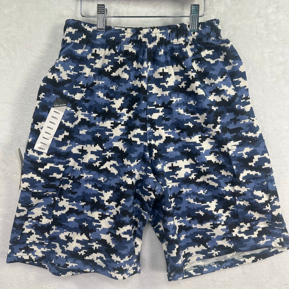 NWT Jake Austin Swim Trunks Mens Small Blue Digital Camo Lined Surf Cargo Shorts